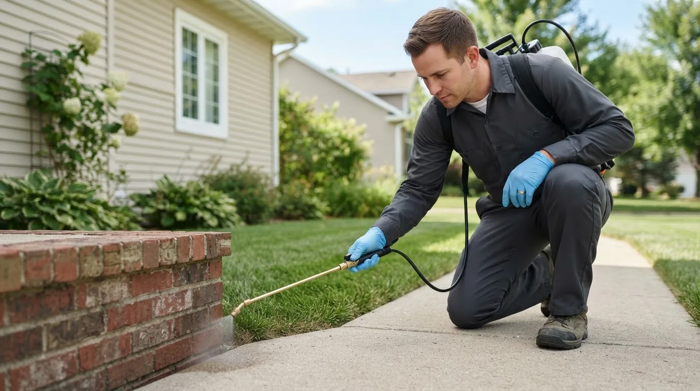 Pest control technician treating a home near Penfield, IL