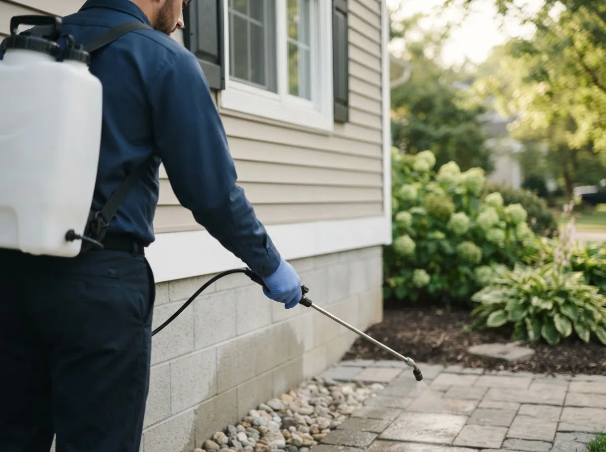 Pest control technician inspecting a home in Penfield, IL